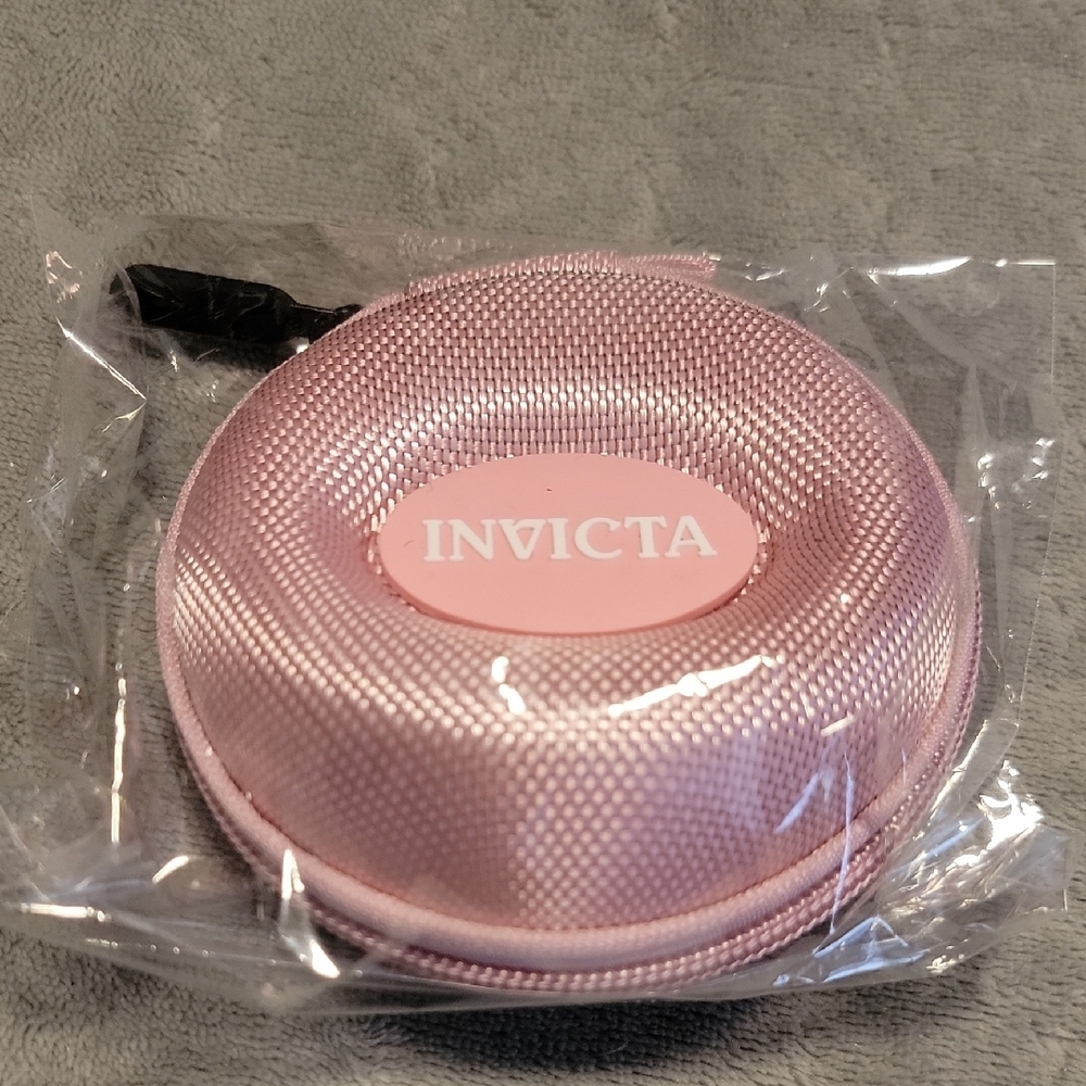NEW Invicta Logo Pink Textured Round Padded Single Watch Zipper Travel Case